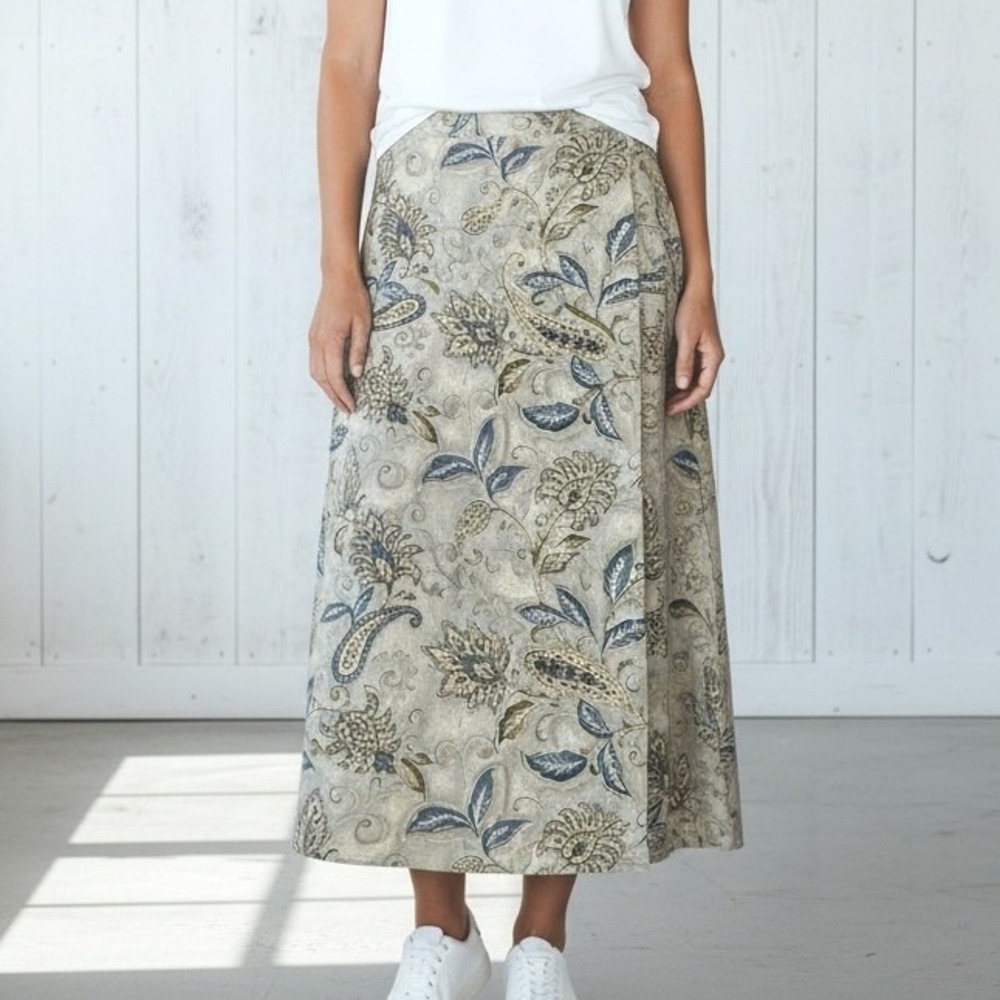 Vintage 100% Silk Paisley Midi Skirt Talbots 14 Green Gold pastel Earthy Preppy
